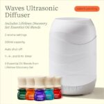 200 ML Waves Ultrasonic Diffuser with Cascading Mist + Essential Oil Discovery Set 5-Pack – 100% Pure Essential Oils & Sustainably Sources Botanicals – Natural – 7.5 ML Bottles
